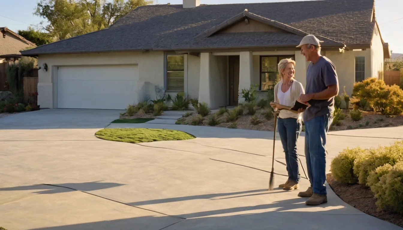 A newly poured concrete driveway in front of a stucco ranch home in Ontario